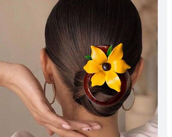 Lily’s  flower leather hair comb and bun holder in Assorted rustic  colors