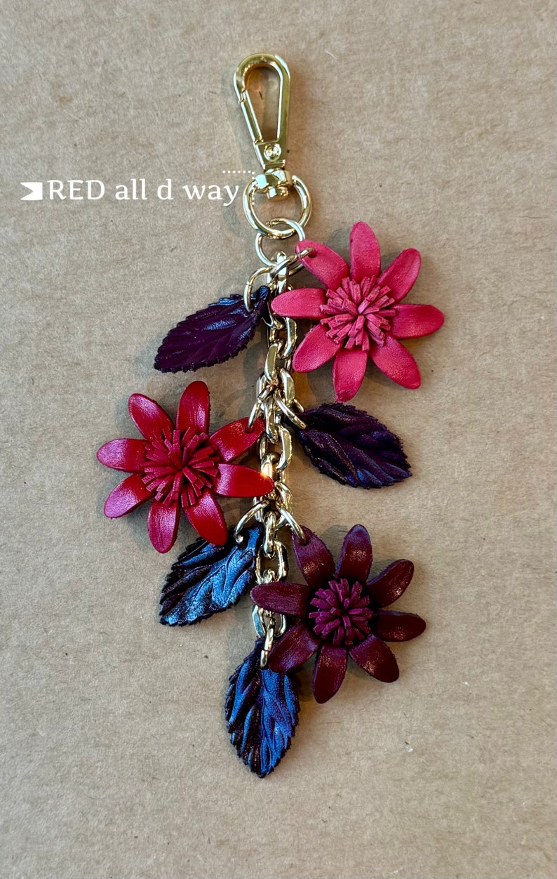 Jannas Leather flowers on chain strand purse / bag charm RED all d way
