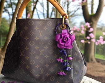 Leather ROSE kechain and purse/handbag charm in purple combination