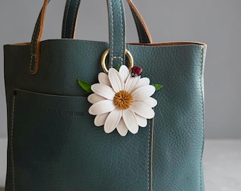 Handcrafted Leather daisy Purse Charm, ladybug on with Carabiner ring
