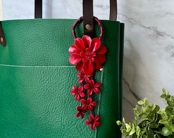 Dahlia flower inspired leather purse charm & keychain in red