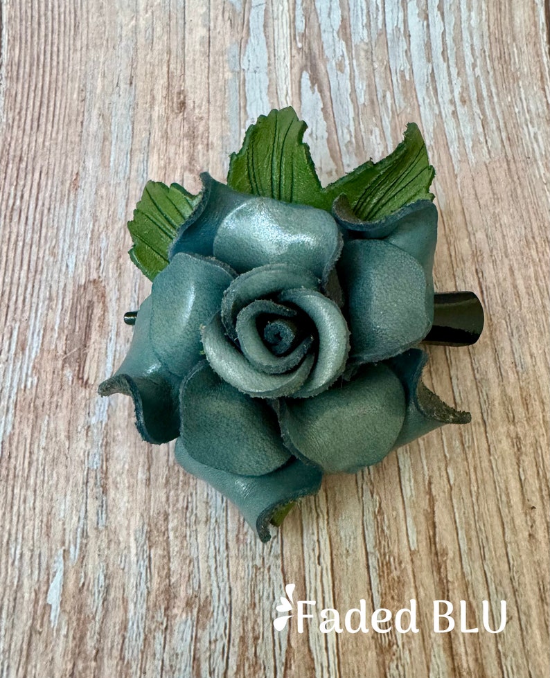Bethany's leather ROSE on Medium hair clip in some colors faded BLU