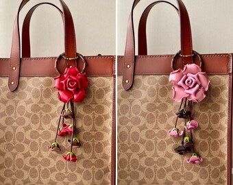 Leather ROSE kechain and purse/handbag charm in assorted colors