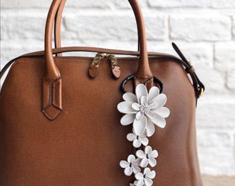 Dahlia flower inspired leather purse charm & keychain in blue and some colors