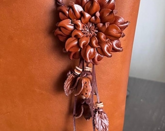 Dahlia flower inspired leather purse charm & keychain in purely brown