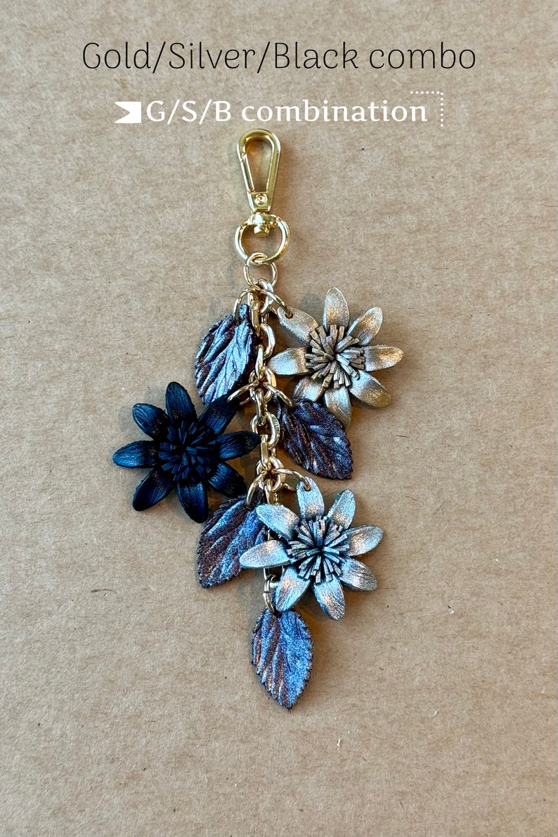 Jannas Leather flowers on chain strand purse / bag charm G/S/B combination