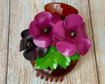 SUMMER Plumeria flower leather hair comb and bun holder in PURPLE