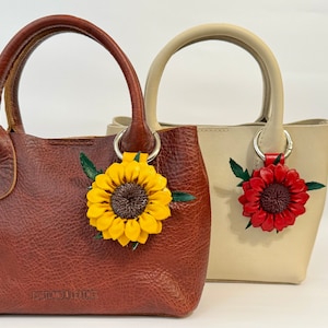 Handcrafted Leather Sunflower Purse Charm with Carabiner