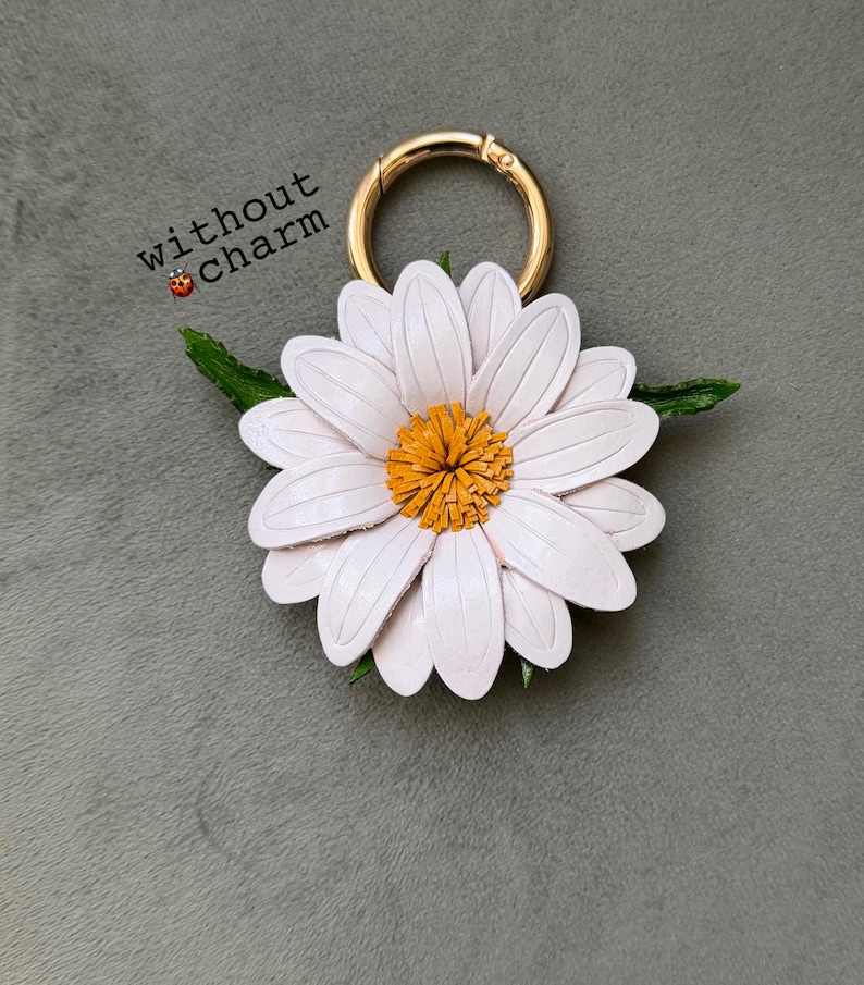 Handcrafted Leather daisy Purse Charm, ladybug on with Carabiner ring WHITE w/out charm