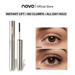 Puede incluir: Un tubo de rímel plateado con el nombre de la marca "NOVO" impreso, junto a un tubo abierto con una varilla negra. La imagen incluye el texto "INSTANT LIFT • NO CLUMPS • ALL DAY HOLD" y fotos del antes y el después de las pestañas.