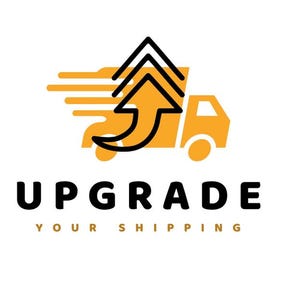 May include: A graphic logo featuring a yellow truck silhouette with black motion lines and a black upward-pointing arrow icon. The text UPGRADE is printed in bold black capital letters below the truck, followed by the text YOUR SHIPPING.
