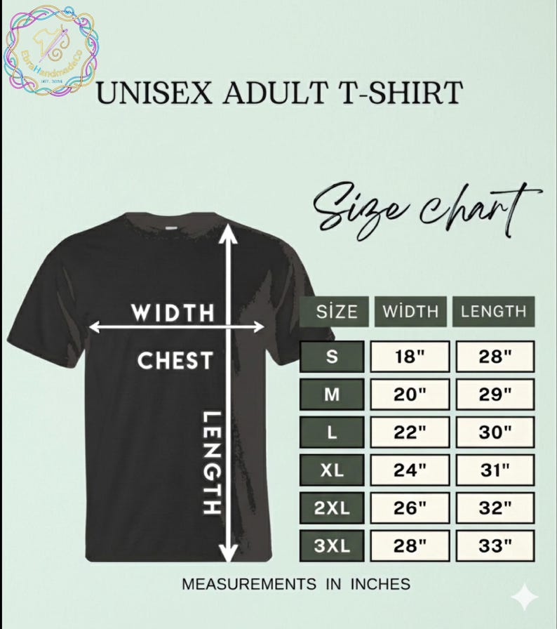 Pu&ograve; includere: T-shirt nero unisex per adulti con tabella taglie. La tabella mostra le misure in pollici per larghezza e lunghezza, dalla taglia S (45.7cm larghezza, 71.1cm lunghezza) alla 3XL (71.1cm larghezza, 83.8cm lunghezza).