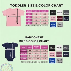 Pu&ograve; includere: Una tabella delle taglie e dei colori per t-shirt per bambini piccoli e body per neonati. La tabella include le misure in pollici per larghezza e lunghezza. Le opzioni di colore includono nero, bianco, rosa chiaro, bordeaux, blu navy, blu reale e grigio sport.