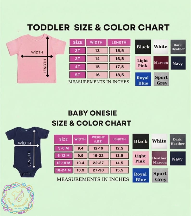Pu&ograve; includere: Una tabella delle taglie e dei colori per t-shirt per bambini piccoli e body per neonati. La tabella include le misure in pollici per larghezza e lunghezza. Le opzioni di colore includono nero, bianco, rosa chiaro, bordeaux, blu navy, blu reale e grigio sport.