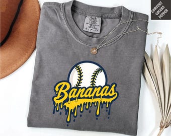 Bananas Baseball Graphic T-Shirt, Yellow and Blue Drip Baseball Tee, Trendy Sporty Streetwear Shirt