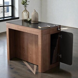 Extendable Walnut Desk to Dining Table, Japandi Slate Stone Wood Finish