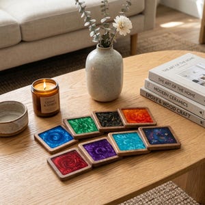 Handmade Walnut & Epoxy Resin Coaster Set, Square Wood Coasters, Custom Color Drink Coasters, Housewarming Gift, Modern Home Decor