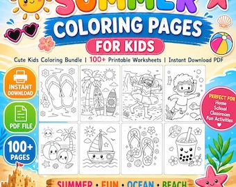 Summer Coloring Pages for kids, Cute Kids Coloring bundle, 100+ Printable Worksheets, Instant Download PDF