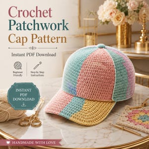 Könnte beinhalten: Eine gehäkelte Patchwork-Kappe mit Paneelen in Pastellrosa, Hellblau und Gelb. Der Text lautet Crochet Patchwork Cap Pattern, Instant PDF Download, Beginner Friendly, Step by Step Instructions und Handmade With Love.