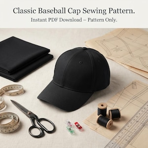 May include: A black baseball cap, folded black fabric, sewing pattern paper, metal scissors, a measuring tape, three small spools of black thread, and two plastic sewing clips. The text reads: Classic Baseball Cap Sewing Pattern. Instant PDF Download – Pattern Only.