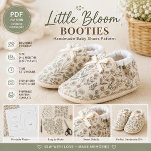 Mönster för babyskor, skor i blommigt tyg, resår i ankeln, rosettdetalj (PDF)