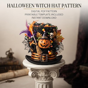以下が含まれることがあります： ハロウィンの魔女の帽子パターンのデジタルPDFと印刷可能なテンプレート。帽子は黒で、オレンジと黒のストライプのリボン、バックル、ジャック・オー・ランタン、黒猫、ミニチュアのほうき、ドクロ、羽、クモの巣の装飾が施されています。