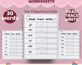 Sight Words Worksheets Preschool | 30 Sight Words Read Trace Write | High Frequency Words Printable | Kindergarten Dolch Words PDF Download