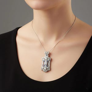 Art Deco Style Diamond & Sapphire Pendant, Rectangular Filigree Statement Necklace, Vintage Inspired Geometric Jewelry, Luxury Anniversary