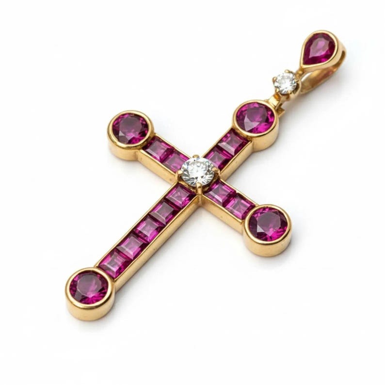 Religious Ruby Vintage 14K Yellow Gold Ruby Cross Pendant, Genuine Rhodolite Garnet ...