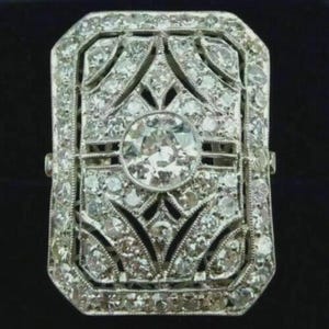 Vintage Art Deco Large Rectangular Plaque Engagement Ring, Round Cut Moissanite Shield Ring, Antique Style Openwork Filigree Cocktail Ring