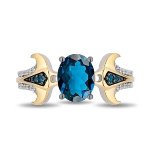 Anel de Noivado com Topázio Azul Londres Oval, Anel Lua Crescente Celestial Bicolor, Joia Nupcial Art Déco Exclusiva, Anel Marcante em Ouro Maciço