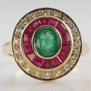 Vintage Art Deco Emerald Target Ring, 14K Yellow Gold Plated Sterling Silver Cocktail Ring, Ruby Baguette Halo Statement Ring