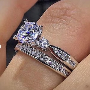 Round Cut Moissanite Wedding Ring Set, White Gold 3 Stone Engagement Ring, Classic Channel Set Diamond Band, Silver Bridal Set For Women