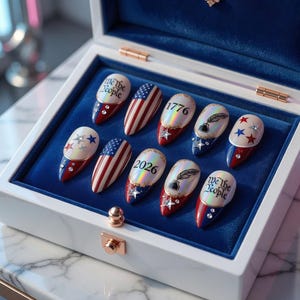 Uñas postizas del 4 de julio / Caja de uñas patrióticas / Uñas con la bandera estadounidense / Uñas postizas reutilizables / Regalo para ella