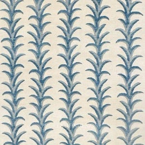 May include: A repeating pattern of stylized blue leaves on a cream background. The leaves are arranged in vertical rows, creating a textured, botanical design. The pattern is suitable for fabric or wallpaper.
