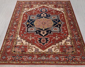 Dywan Red Heriz Serapi – ręcznie tkany wełniany dywan – wzór medalionu w kolorze rdzy i granatu – tradycyjny orientalny dywan 240 x 300 cm