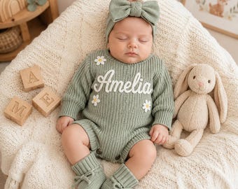 Personalisierte Baby Strampler Set, Name Neugeborenen Outfit, Bio-Baumwolle Baby Kleidung, Baby-Dusche-Geschenk, Foto Prop