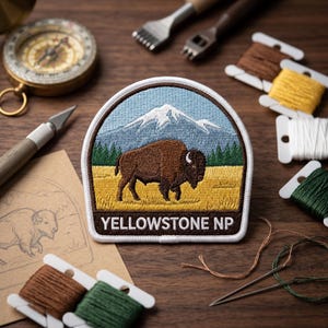May include: A semi-circular embroidered patch featuring a brown bison standing in a yellow field with a green forest and a snow-capped mountain under a light blue sky. The bottom dark brown border contains the white text YELLOWSTONE NP.