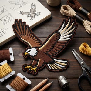 May include: An embroidered patch of a bald eagle in flight with brown, white, and yellow thread. The eagle is depicted with wings spread wide, a white head, and yellow talons. The patch is surrounded by embroidery floss, pencils, and scissors.
