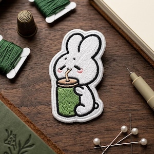 Cute Bunny Matcha Patch Kawaii Rabbit Embroidered Tea Lover Gift