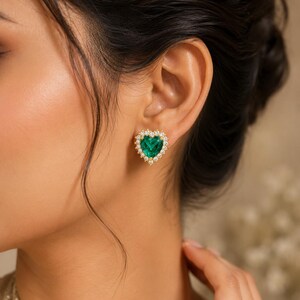Lab Grown Emerald Heart Halo Stud Earrings, 925 Sterling Silver, Simulated Diamond Accent