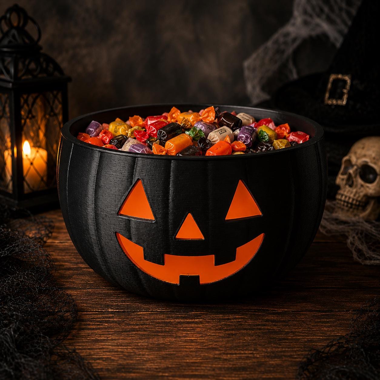A black jack-o'-lantern candy bowl filled with colorful candy, sits on a wooden table.