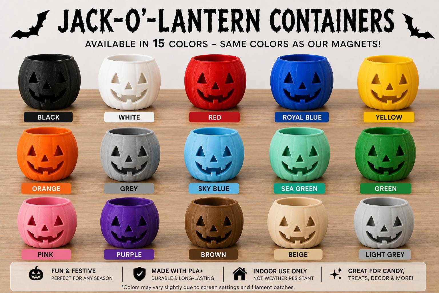 A collage of 15 small jack-o'-lantern bowls in different colors, each labeled with its color.