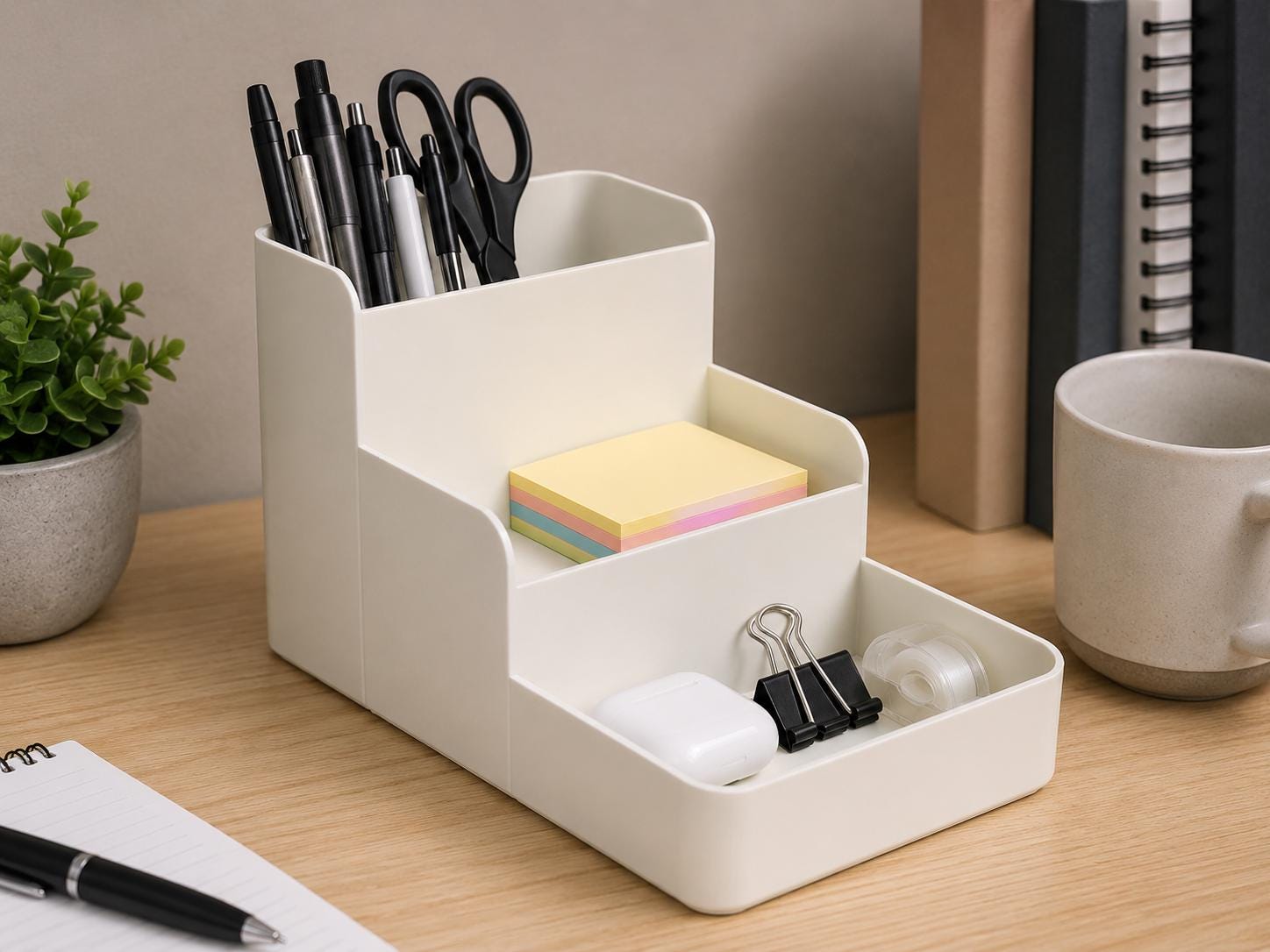 A close up view of a desk organizer filled with pens, scissors, sticky notes, and a charging case.