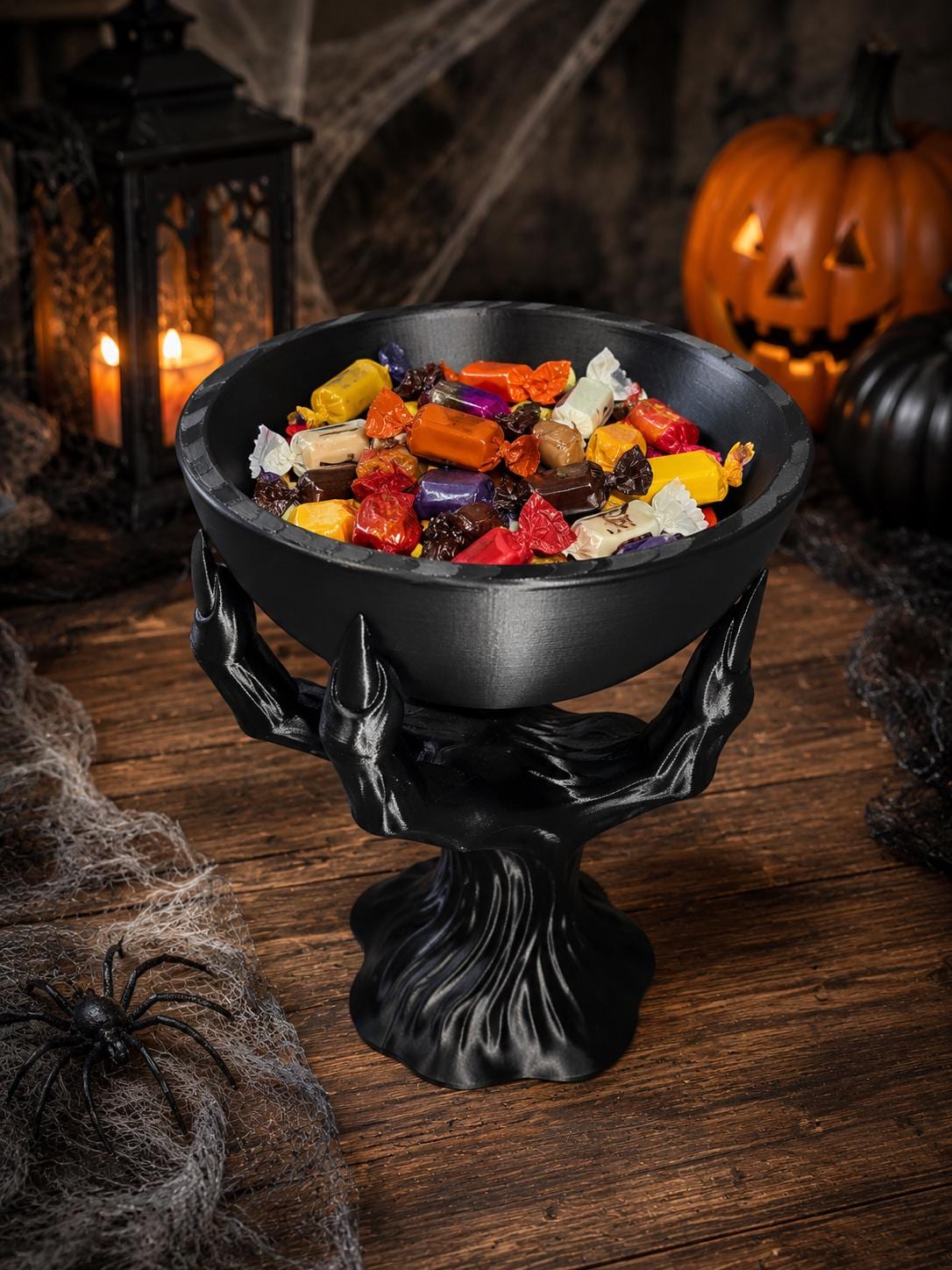 Spooky 3D printed hand-shaped candy bowl, perfect for Halloween treats and gothic home decor. Made from durable PLA+.