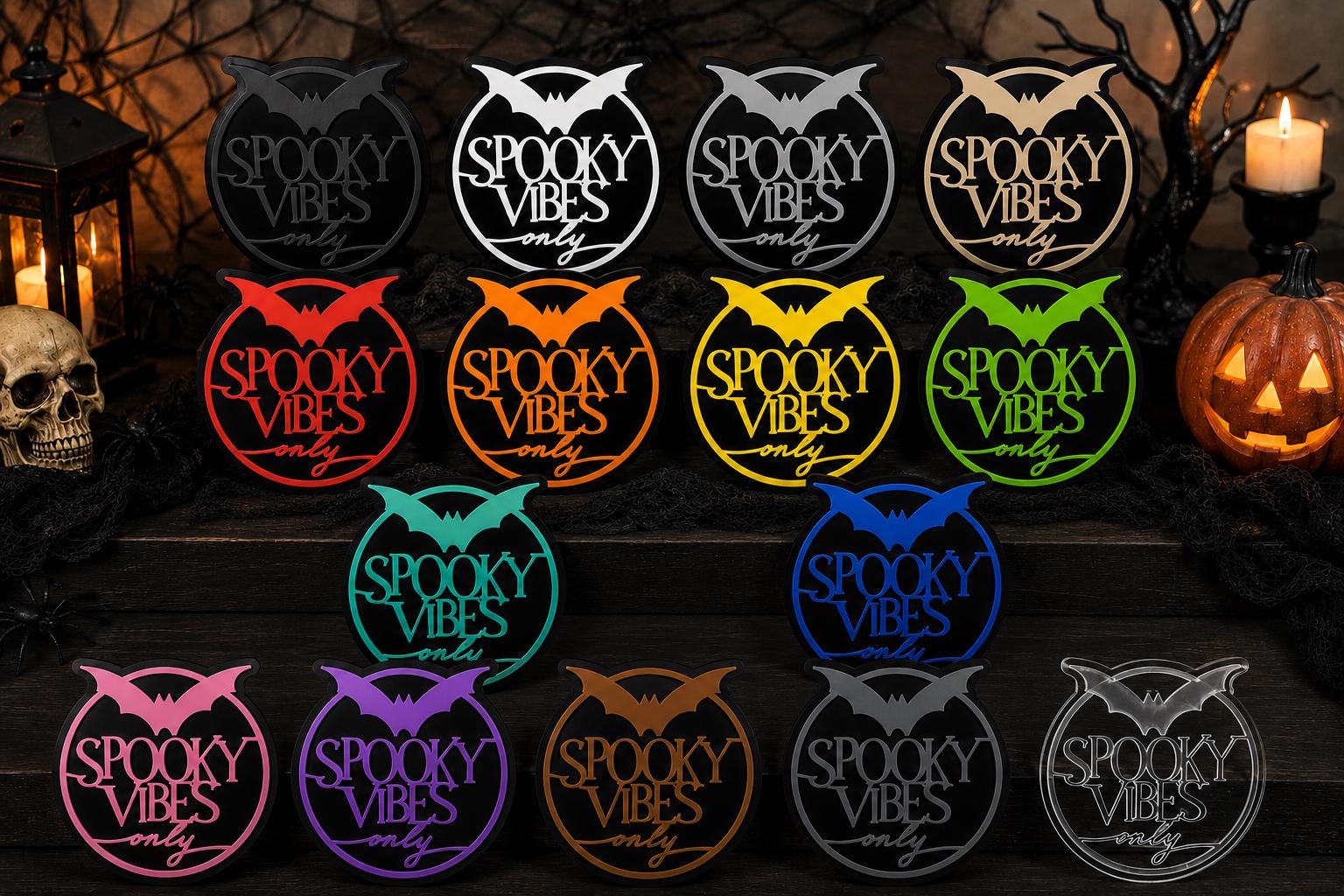An array of 14 circular Halloween wall signs shown in various vibrant colour combinations on a wooden shelf.