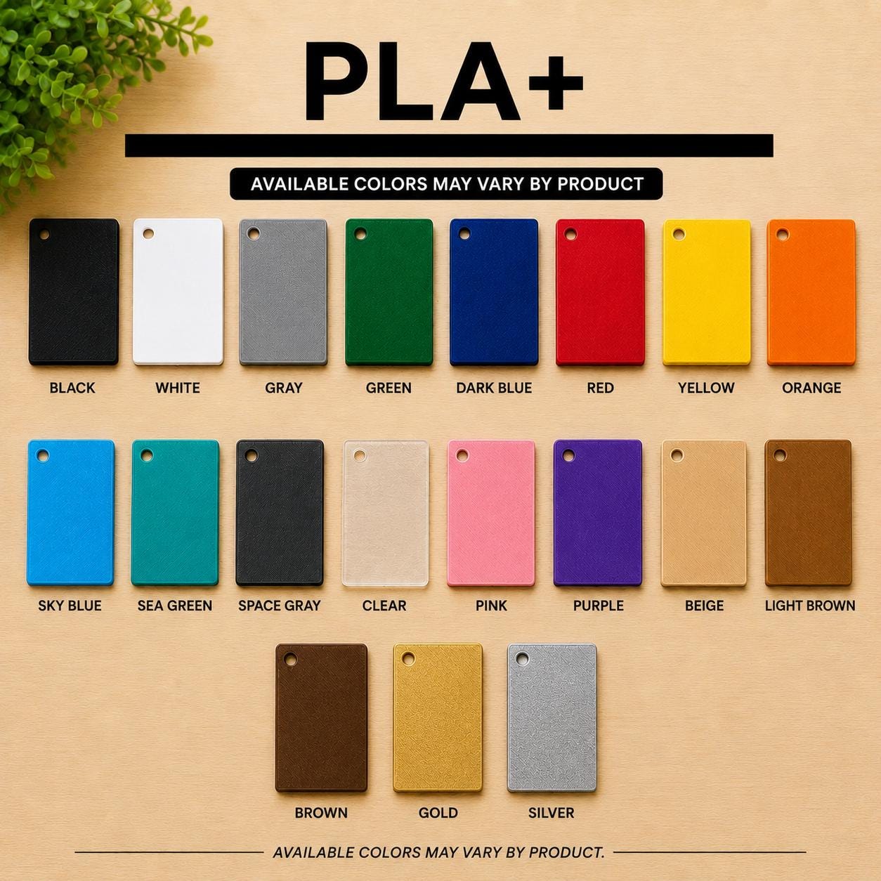 A colour chart showing the wide variety of PLA plastic material shades available for the 3D printed items.