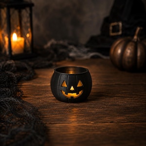 May include: A matte black ceramic candle holder shaped like a jack-o'-lantern with a carved face. The pumpkin-shaped vessel features triangular eyes, a small triangular nose, and a wide, jagged grin, glowing from within with a warm yellow light.