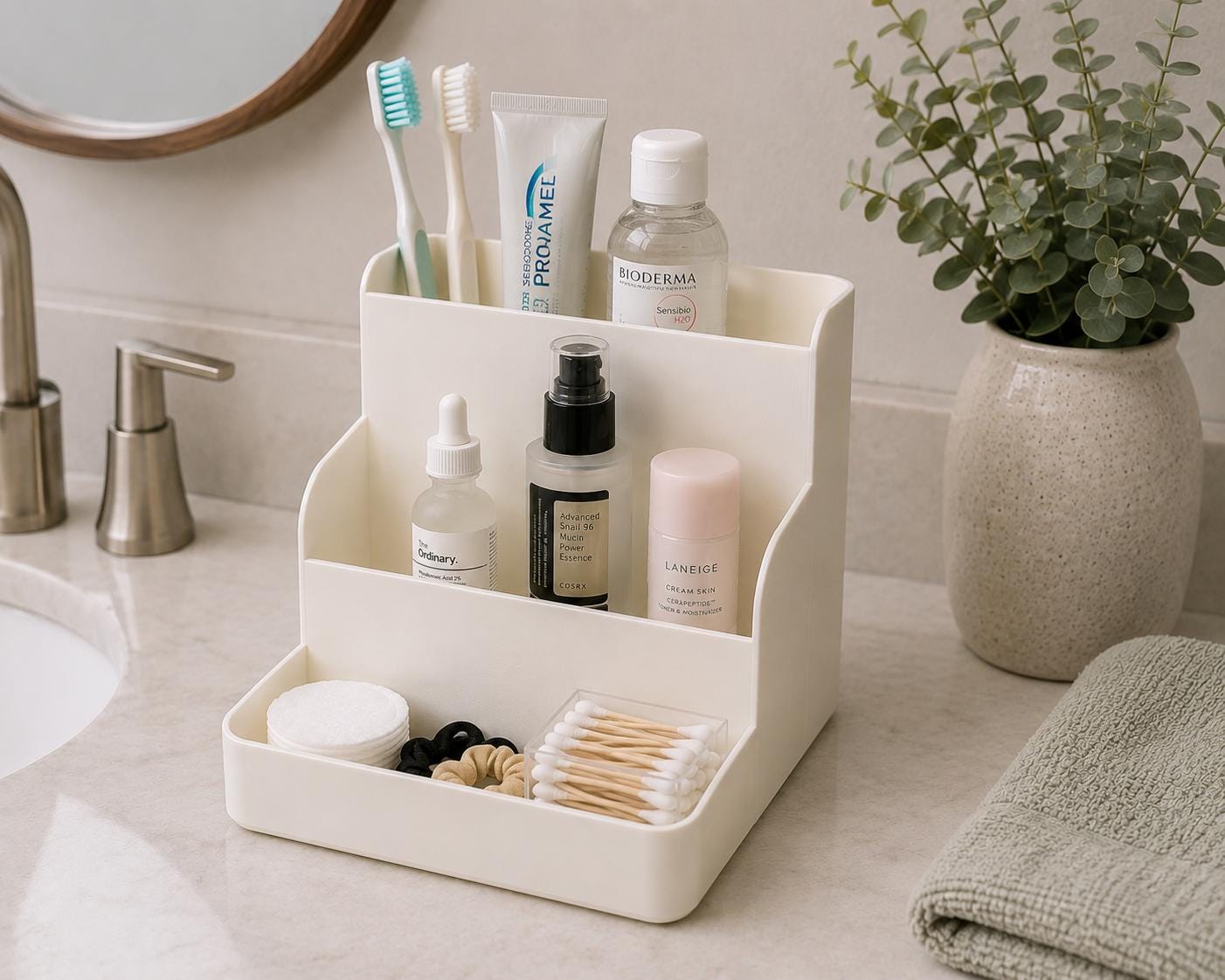 A beige 3 tier organizer filled with skincare bottles, cotton rounds, and cotton swabs on a vanity.