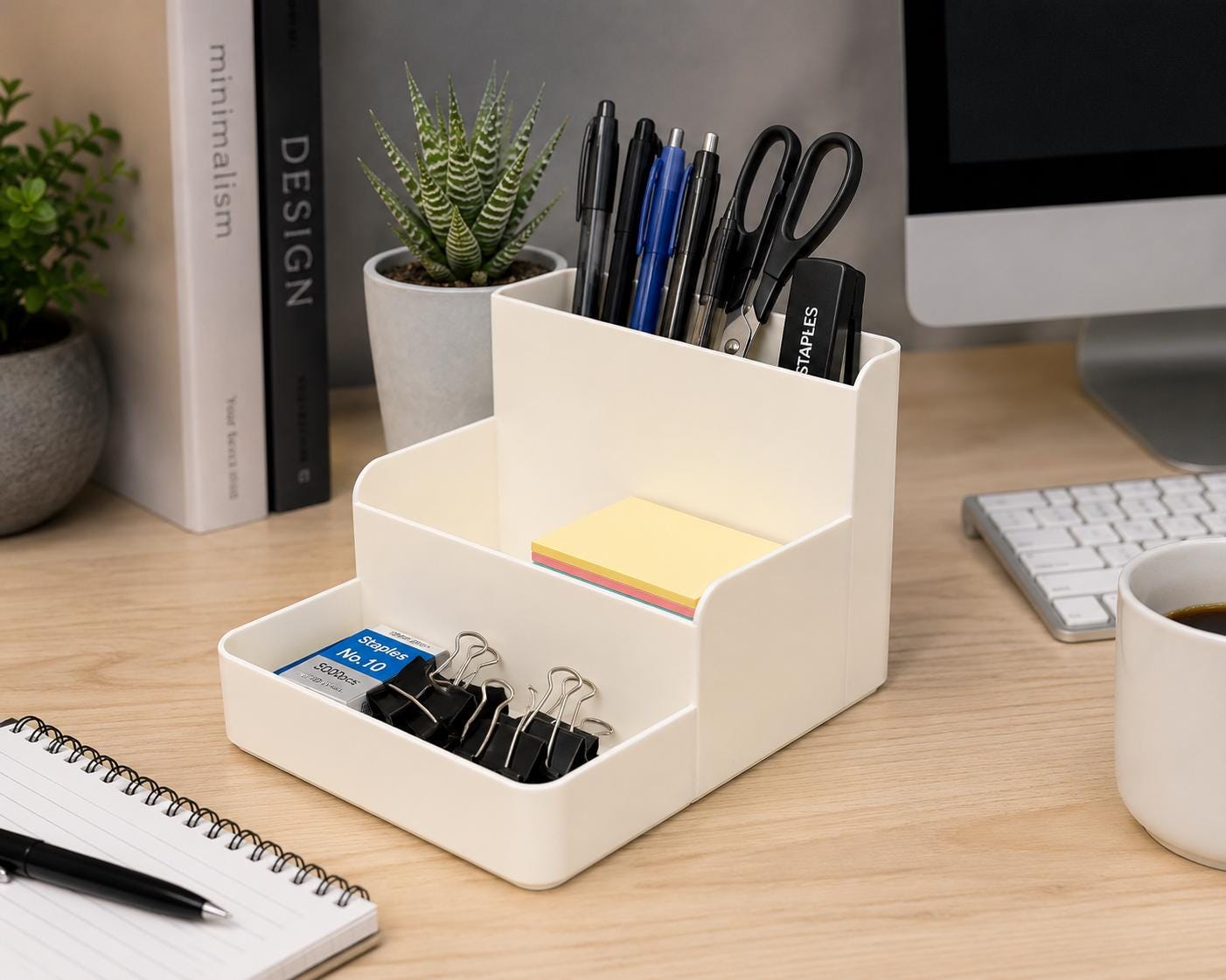 A side angle of a desk with the cream colored tiered caddy holding stationery, scissors, and binder clips.